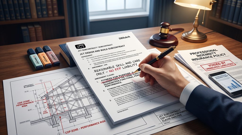 Redline review of JCT Design and Build subcontract CDP fitness for purpose clause next to voided professional indemnity insurance policy